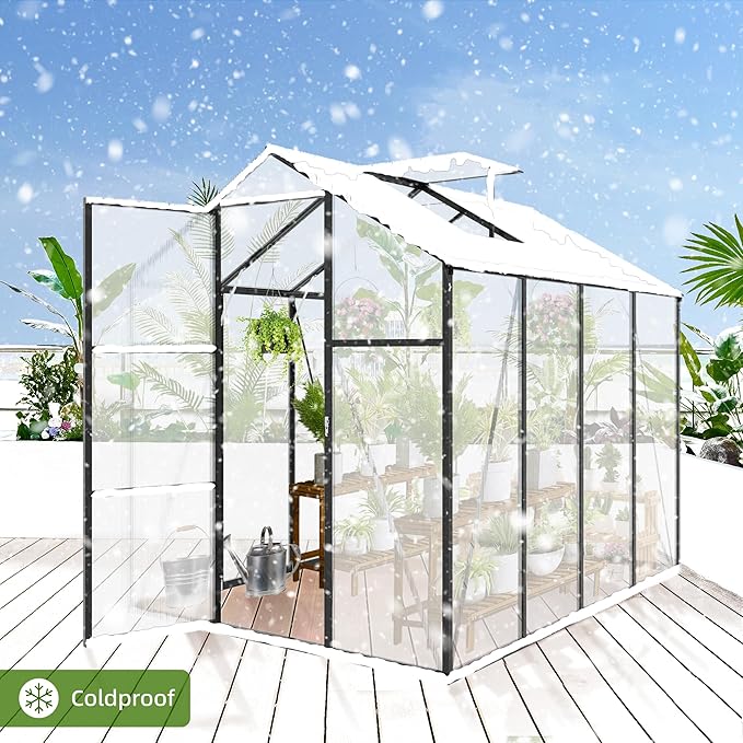 6x8 FT All Weather Greenhouses for Outdoor,Heavy Duty Polycarbonate Greenhouse, Walk-in Garden Green House with Raised Base and Ventilation Window for Outside, Backyard,Black