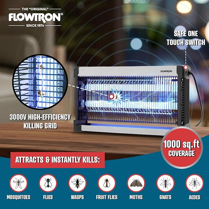 Flowtron Indoor Bug Zapper: 3000V Electric Insect Killer & Mosquito Trap - 1000 Sq Ft Coverage - 30W Dual UV Light Fly Zapper for Kitchen, Bedroom, RV & Restaurant - Safe Gnat & Moth Killer