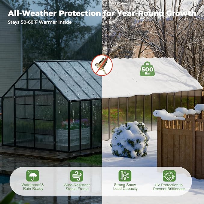 32x10x10 FT Greenhouse for Outdoors, Easy Assembly Large Thicker Aluminum Polycarbonate Kit, 7 Vent Windows, Walk-in, for Outside, Sunroom, Patio, Backyard
