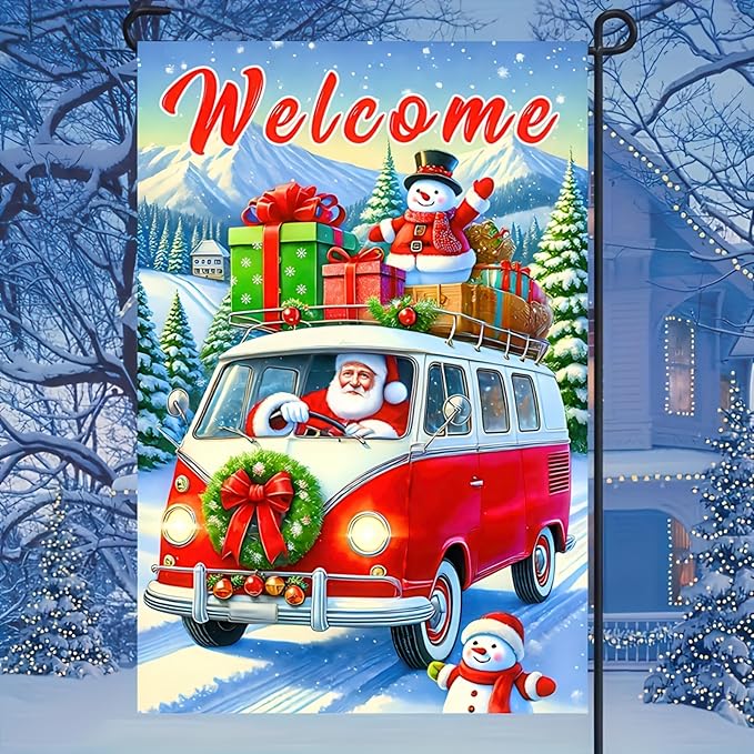 Christmas Welcome Bus Garden Flag 12x18 Inch Double Sided Holiday Santa with Gifts Snowman Small Outdoor Yard Flag Seasonal Welcome Garden Banner for Porch Lawn Patio Christmas Decor