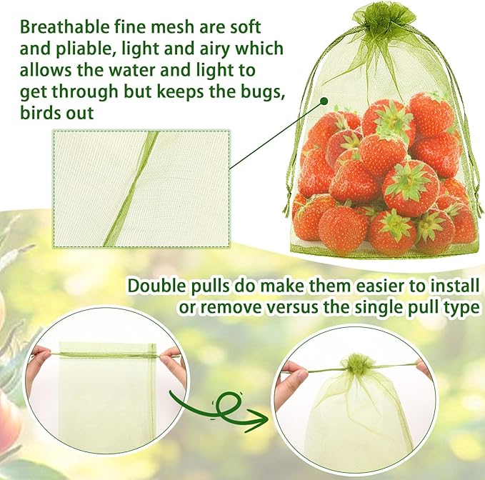 DECYOOL 60 PCS Fruit Protection Bags 6 x 8 inch, Green Fruit Bags for Fruit Trees Fruit Netting Cover Drawstring Mesh Bags Suit for Mangoes Tomatoes Fruit Trees Veggies Garden