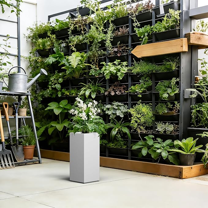 Kante 20.3" H Tall Rectangular Concrete Planter, Modern Square Diameter Plant Pot with Drainage Hole and Rubber Plug for Indoor Outdoor Home Patio Garden, Pure White