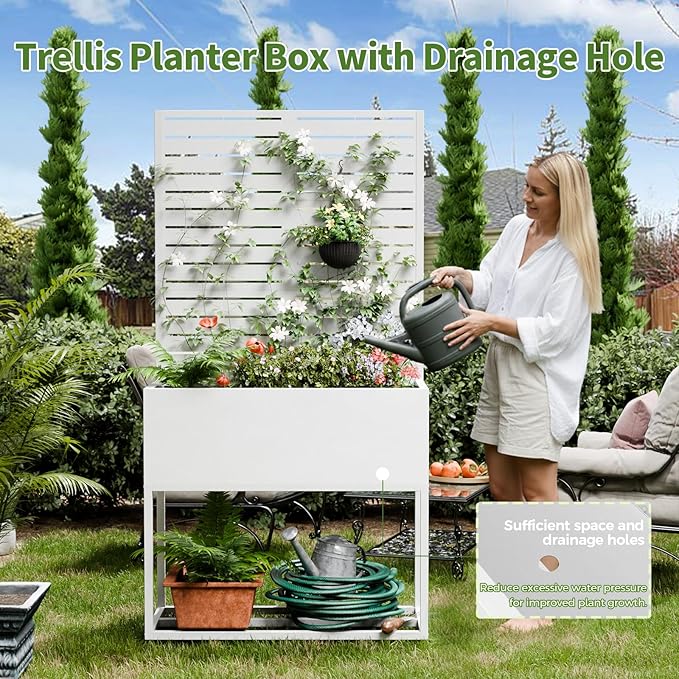 Metal Planter Box with Trellis,67" H x35 W Raised Garden Beds with Privacy Screen for Climbing Plants Flower, Elevated Standing Planter Garden Bed with Drainage Holes for Outdoor Patio,White