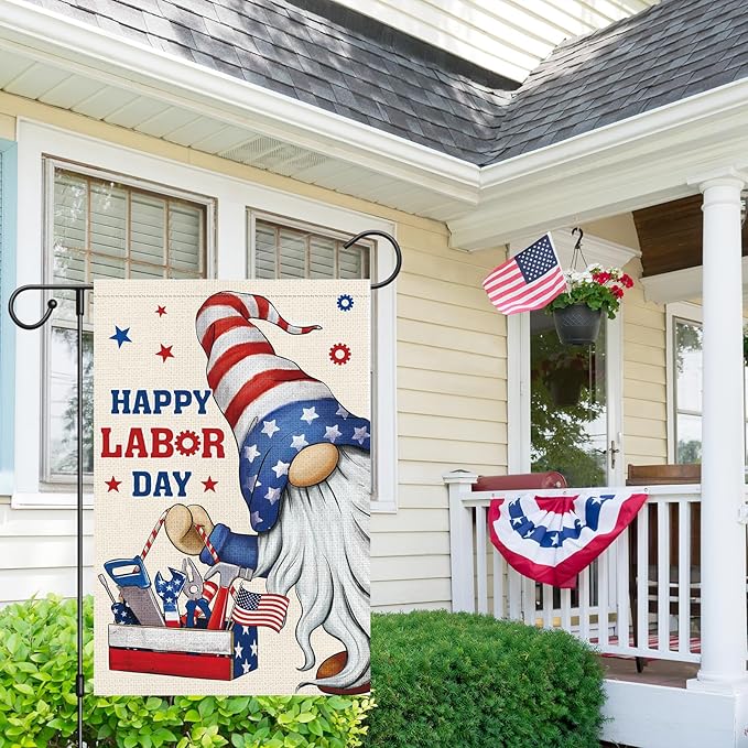 Heyfibro Happy Labor Day Gnome Garden Flag 12 x 18 Double Sided Burlap Working Tools Patriotic USA Flags for Outdoor Outside Farmhouse Decoration (ONLY FLAG)
