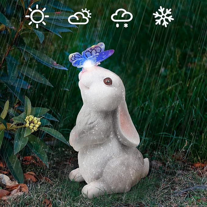 PaLuQiYa Garden Statue Outdoor Decor-Rabbit with Solar Butterfly Changing Lights Garden Statues,Bunny Statue for Patio,Balcony,Yard,Lawn Ornament,Gardening Gifts for Mom Grandma