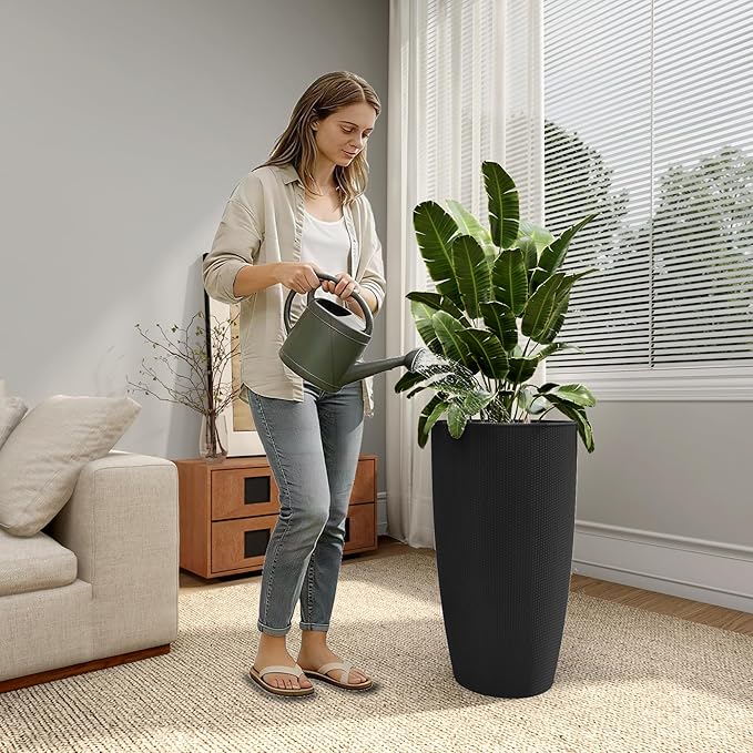 Vigo huseeo 22" Tall Planter Set of 2, Large Self Watering Pots for Indoor/Outdoor Plants with Drain Holes, Water Level Monitor, Inner Bucket for Front Porch Patio, Black Rattan Conical