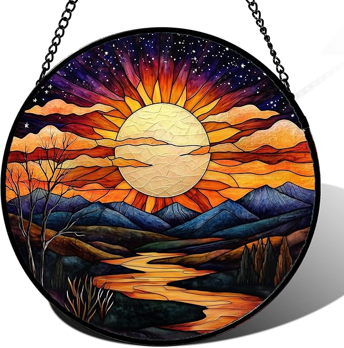 DASTOLL Stained Glass Window Hanging, The Sun Shines Brightly on Lake Sun Catchers Colorful Glass Panel Suncatcher Decor for Birthday for Women, Men, Wife, Lovers, and Mom 14.9x14.9 in