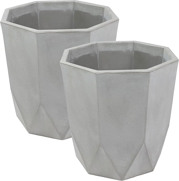 Sunnydaze Modern Faceted 14.75" Polyresin Geometric Planter - Flower Pot for Indoor or Outdoor Use - Light Gray - Set of 2