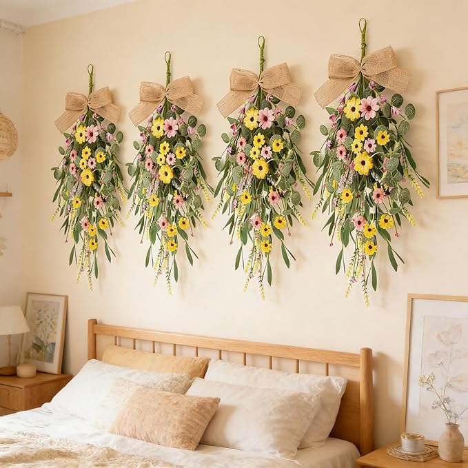 4 Pcs 22" Artificial Summer Swag Wreath Spring Floral Teardrop Swags for Front Door Farmhouse Kitchen Cabinet Wreaths with Ribbon Flowers Hanging Wreaths for Porch Outside All Season Wall Window Decor