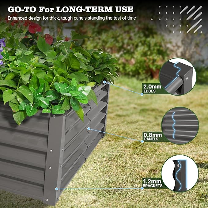 A ANLEOLIFE 8-Piece 18 Inch Tall Quartz Grey Raised Garden Beds Kit, L-Shaped & Square Metal Planters –Ideal for Structured Backyard Layouts.