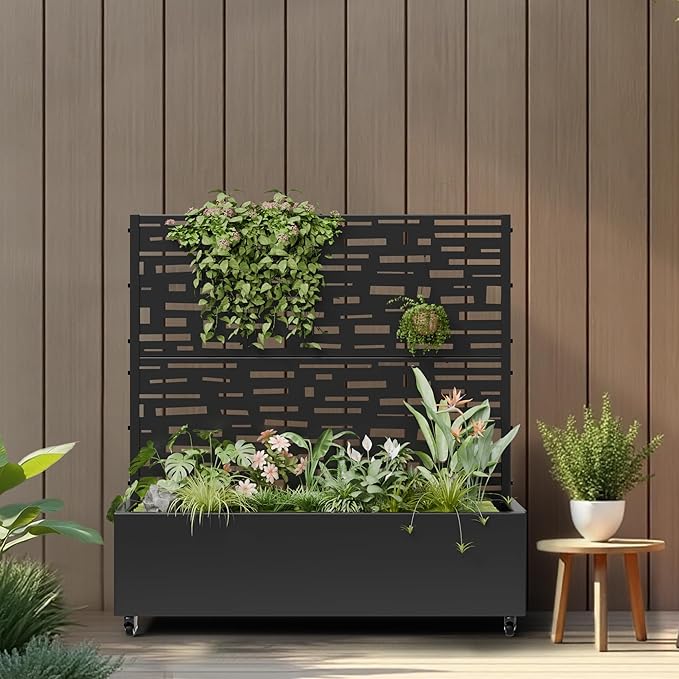 Casaphoria Metal Raised Garden Bed with Trellis and Wheels, 47"x47"x16" Planter Box for Climbing Plants, Vegetables & Vines, Features Drainage Holes and Privacy Screen (Black-Gerald)