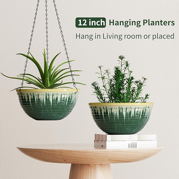 LESOASIS 12 inch Large Hanging Planters for Indoor Outdoor Plants, Set of 2 Glazed Hanging Flower Pots with Drainage Hole, Hanging Baskets for Garden Home Porch Decor