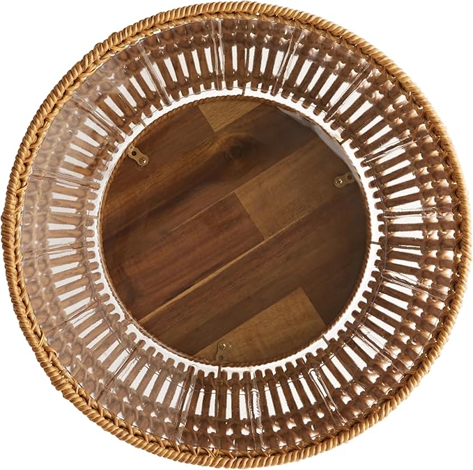 13 Inch Round Brown Resin Rattan Planter & Stand, Acacia Wood Legs Indoor Outdoor