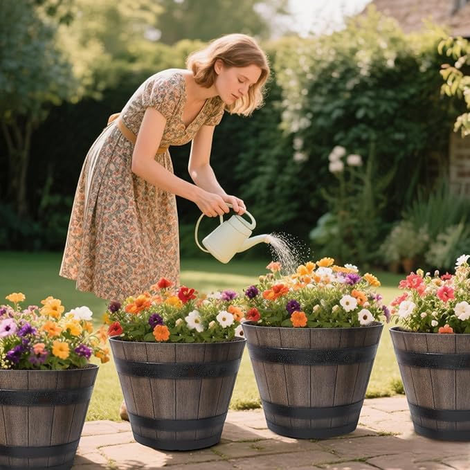 WEICHENGXING Large Plant Pots, 20 Inch 2 Pack Plastic Whiskey Barrel Planters, Big Flower Pots Wine Barrel Design for Outdoor Indoor, Garden, Porch, Patio, Backyard