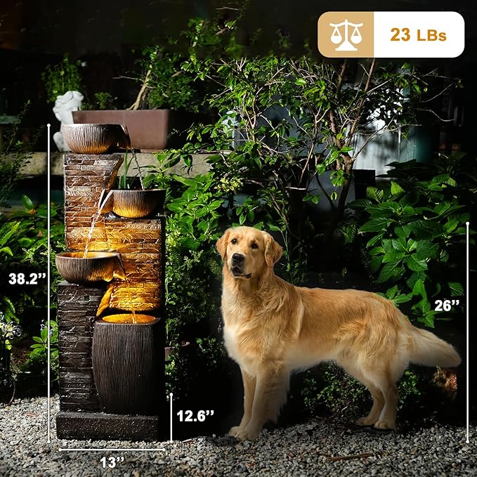 Water Fountain Outdoor Garden,38.2" Tall Modern Freestanding 4 Tiers Indoor Waterfall Fountain with LED Lights for Patio, Balconies, Lawns, Deck, Porch Backyard and Home