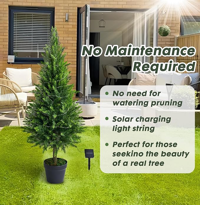 2 Packs of Fake Cypress Plants with Lights, 4FT Artificial Cedar Pruning Tree, with Flowerpot, UV Resistant Artificial shrubs, Suitable for Outdoor and Indoor Front Porch Gardens