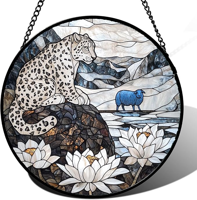 Stained Glass Window Hanging - Snow Mountain Lotus Suncatcher for Doors Garden Patio Leopard Sun Catchers Decor Christmas Mother's Day Birthday Gifts for Women Men Mom Nana Friend 7.8 in