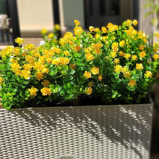 Grunyia 12 Bundles Artificial Flowers for Outdoors, UV Resistant Fake Flowers with Plastic Plants, Faux Flowers for Outside Window Box Front Porch Hanging Planter Decor (Yellow)