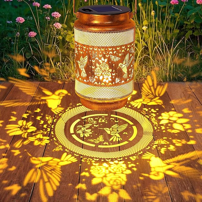 2 Pack Hummingbird Solar Lanterns Outdoor Waterproof Solar Garden Decor, Birthday Gifts for Christmas Women Mom Grandma, Metal Hanging Lights with Shepherd Hook for Yard Patio Pathway Backyard Porch