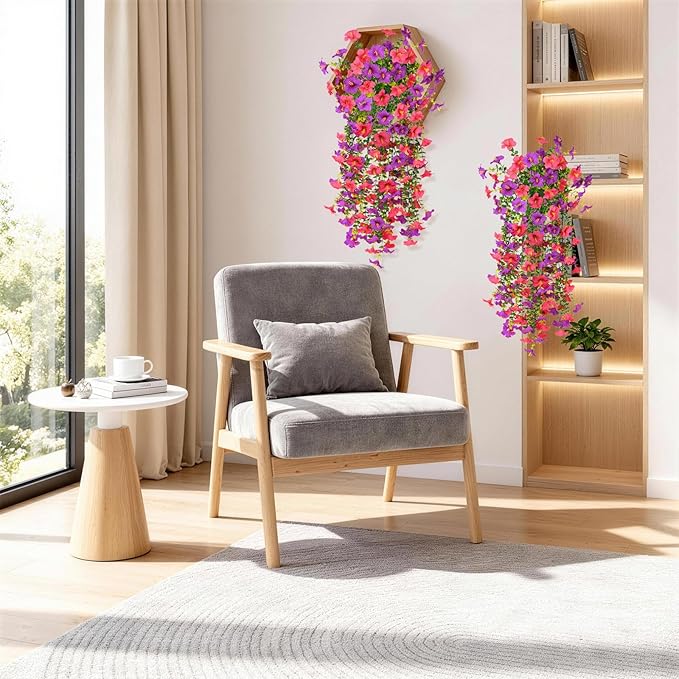 Artificial Fake Hanging Flowers Plants for Outdoor Spring Decoration,2 PCS Faux Silk Morning Glory with Eucalyptus Leaves,UV Resistant Realistic Trailing Vines for Balcony Porch Patio Yard Garden