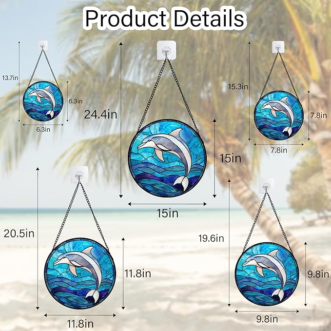 Stained Glass Suncatcher, Blue Ocean Dolphin Sun Catcher Marine Life Stain Glass Indoor Window Hanging Decoration Mother's Day Birthday Gifts for Women Men Mom and Nana 15 in
