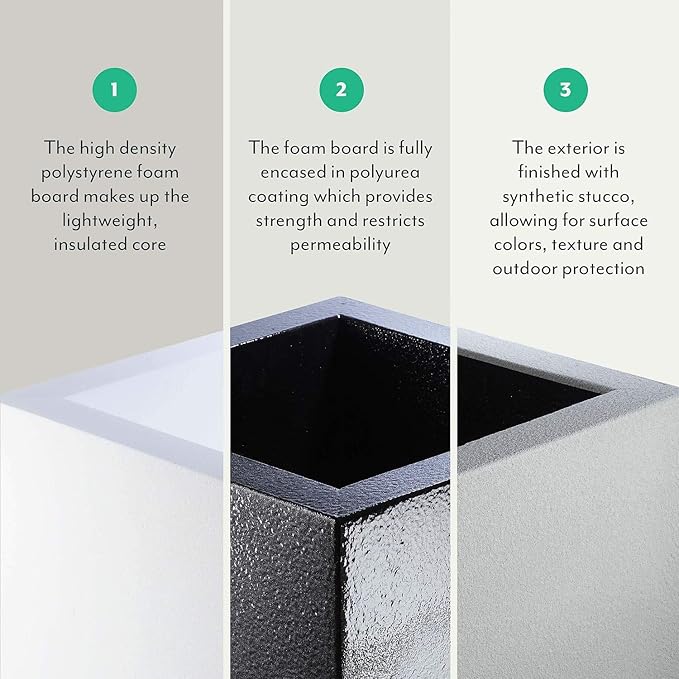 PolyStone Cozumel Tall Modern Outdoor/Indoor Column Planter, 18" L x 23" W x 30" H, Lightweight, Heavy Duty, Weather Resistant, Polymer Finish, Commercial Grade and Residentia (Concrete Gray)