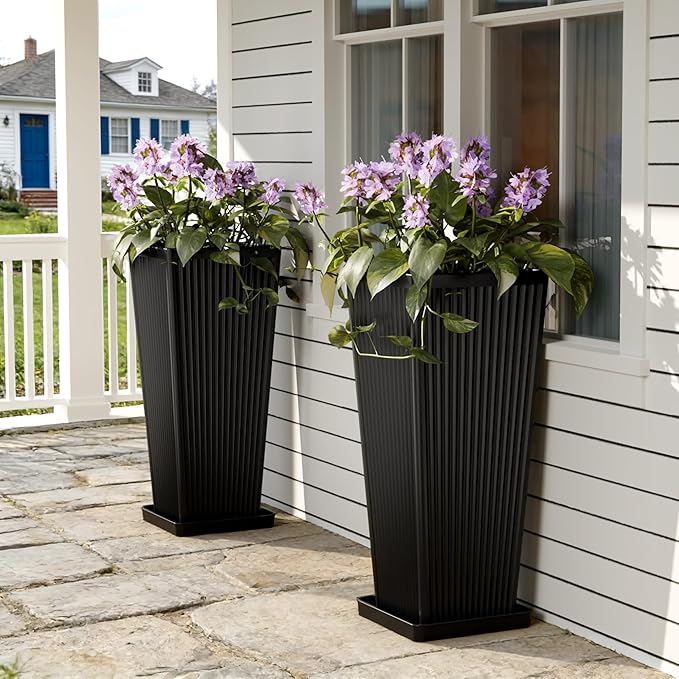 Trygoal Square Tall Planters for Outdoor Plants Set of 2-23.6" Modern Tapered Indoor Flower Pots with Drainage Holes/Partition/Tray, Large Outdoor Planters for Porch Patio Garden Front Porch, Black