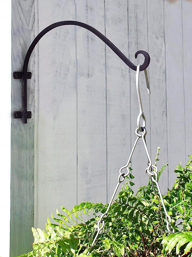 Monarch Abode Hanging Basket Hooks, Heavy Duty Metal Plant Hangers Outdoor or Indoor for Flower Basket, Wall Fence Hooks for Bird Feeder Bracket, Set of 2, 14-inch Black Plant Wall Hanger