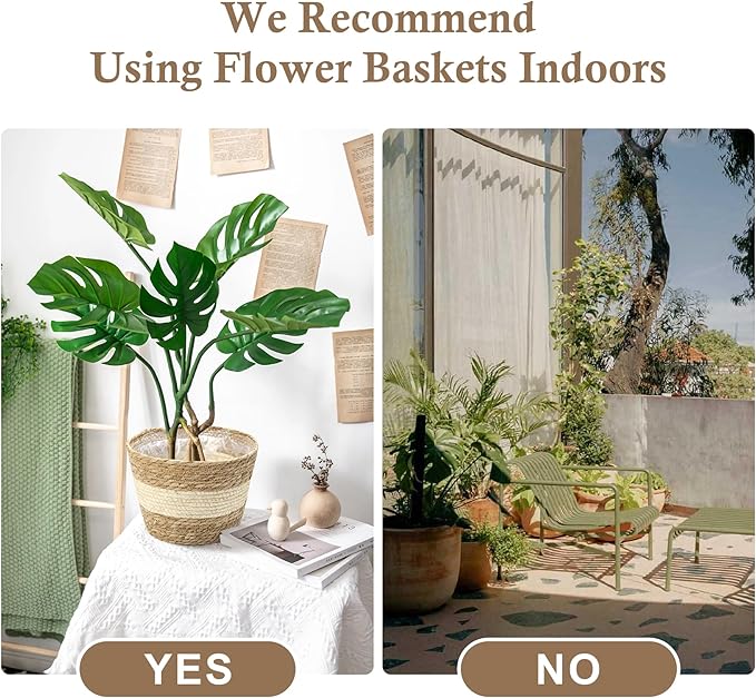Athaliah Plant Basket Set of 3, Woven Plant Baskets Indoor with Plastic Liner, Water Hyacinth & Corn Husk Planter Baskets, Floor Plant Baskets for Pots, Rustic Farmhouse Home Decor
