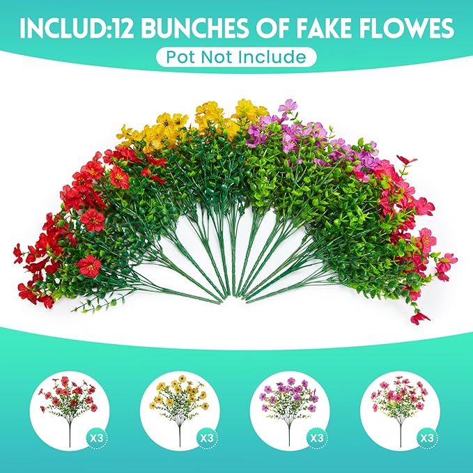 Hrobek Fake Flowers for Outdoors Faux Plants Outside Indoor,UV Resistant Realistic Silk Artificial Daisy for Home Patio Garden Back Yard Front Poch Decor Spring Summer(12 Bunches,4 Multi Colors)
