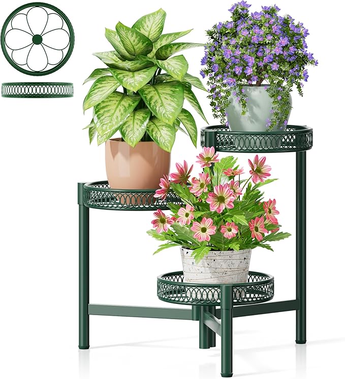 NQW Plant Stand Indoor Outdoor, 3 Tier Corner Metal Flower Display Holder Shelf, Folding Tall Plant Rack for House Patio Balcony Porch Garden Living Room, Heavy Duty Anti-Rust Wrought Iron - GreenFlower
