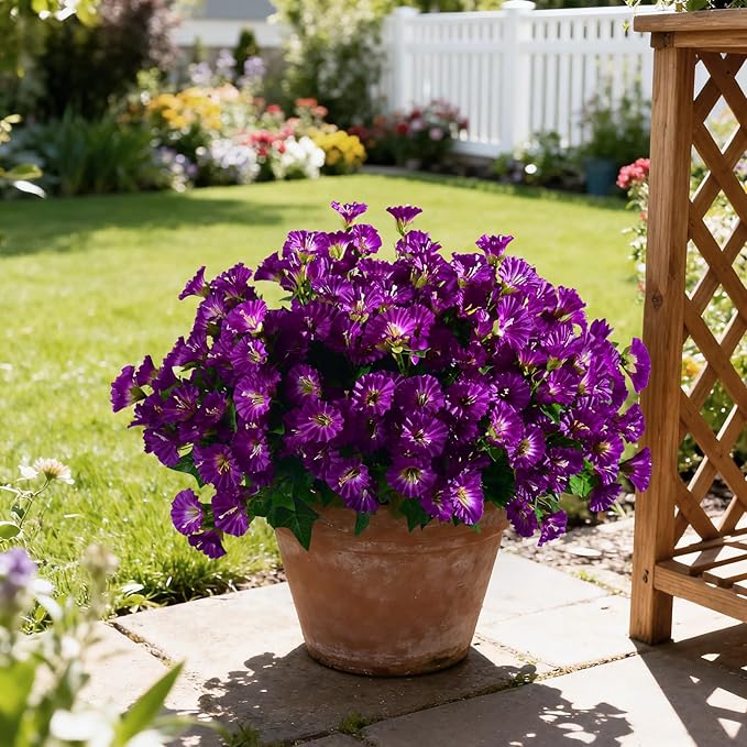 Artificial Morning Glory Flowers Plants for Outdoor 8 Pcs Faux Silk Petunias Flower Realistic Faux Flowers Plants for Outside Planter Porch Yard Patio Balcony Home Indoor Decor (8 Pcs Purple)