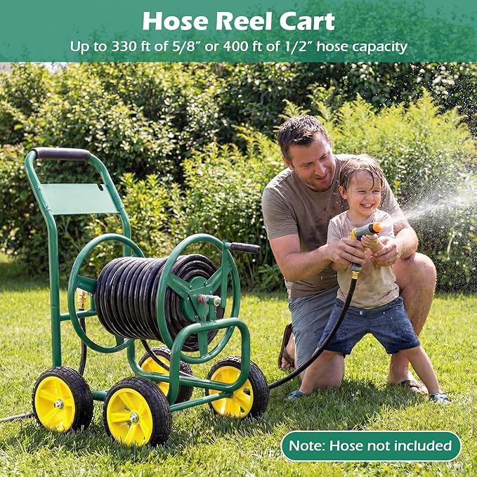Garden Hose Reel Cart, Mobile Water Hose Cart with Heavy-duty Metal Frame & 4 Solid Wheels, Hold up to 330 ft of 5/8" Hoses, Outdoor Planting Tool for Lawn & Backyard (Green)