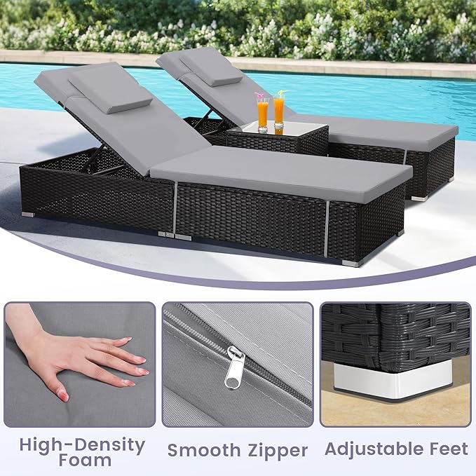 Outdoor Chaise Lounge Chairs, All-Weather Wicker Pool Lounge Chair Set of 2 with Side Table, Adjustable Backrest & Washable Cushions for Patio, Poolside, Beach, Light Grey