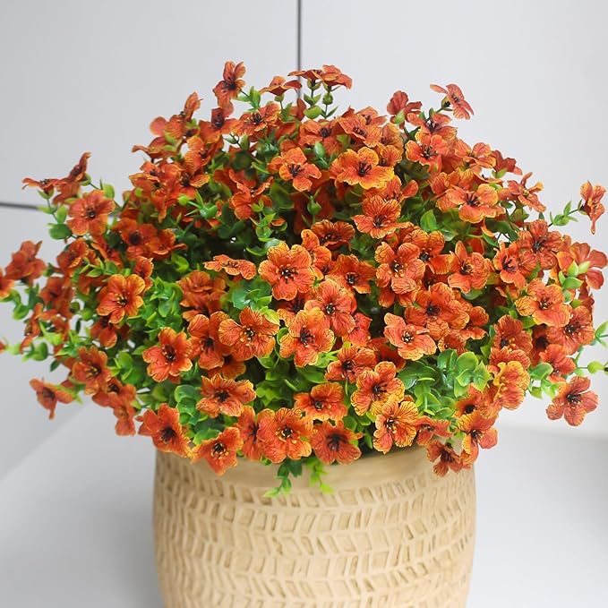 HIFORESTAR Fake Mums Artificial Outdoor Flowers 12 Bundles Autumn Fall Plants Daisy Faux Orange Blooms for Front Porch Window Box Patio Table Centerpieces Decor(Orange Daisy)