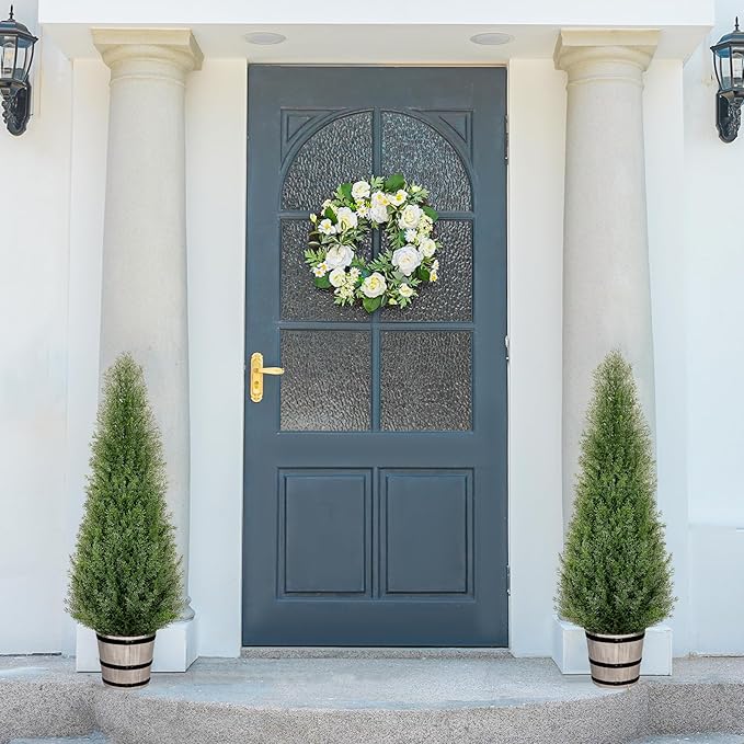 VIVATREES 4FT Artificial Cedar Topiary Trees with Rustic Barrel Planter, Outdoor Indoor Realistic Faux Pine Shrubs Plants, Fake Cypress Trees for Home Offices Porch Decor, Set of 2