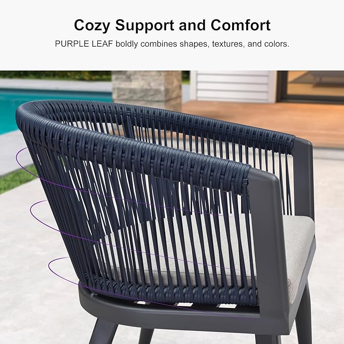 PURPLE LEAF 2 Pieces Outdoor Dining Chairs All-Weather Rattan for Lawn Garden Backyard Deck Patio Dining Chairs with Cushions, Navy Blue and Gray