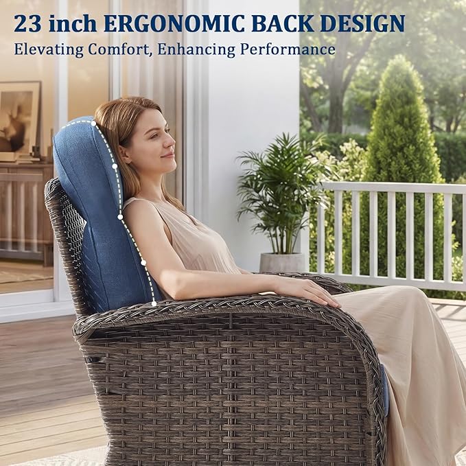 Outdoor Swivel Rocking Chair Patio Set (6-Piece), High-Back - Thick Cushion Swivel Rocking Chair Patio Set, All-Weather Wicker Patio Furniture Set, Suitable for Balcony Patios, Brown/Blue