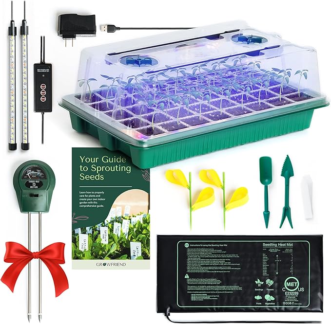 GROWFRIEND Seed Starter Kit with Grow Lights & Heat Mat – 40-Cell Seed Starter Tray, Humidity Dome, Soil Moisture Meter & Sticky Gnat Traps – Indoor Greenhouse & Plant Propagation Station