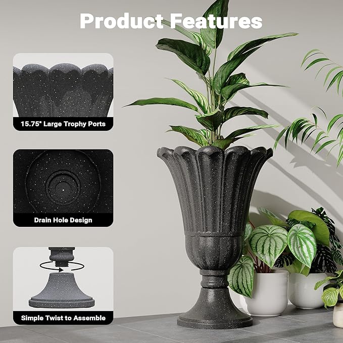 seethmi 23" Tall Planters for Outdoor Plants Set of 2, Planter with Drainage Holes and Petal Design, Large Outdoor Planters for Porch, Garden, Indoor, Black
