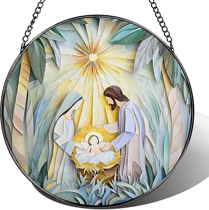 Stained Glass Suncatcher, Nativity Scene Sun Catcher Ornament; Stained Glass Window Hanging, Christmas Ornament, Holy Family Decoration; Christian Gifts, Religious Gifts, Christian Holiday Decor