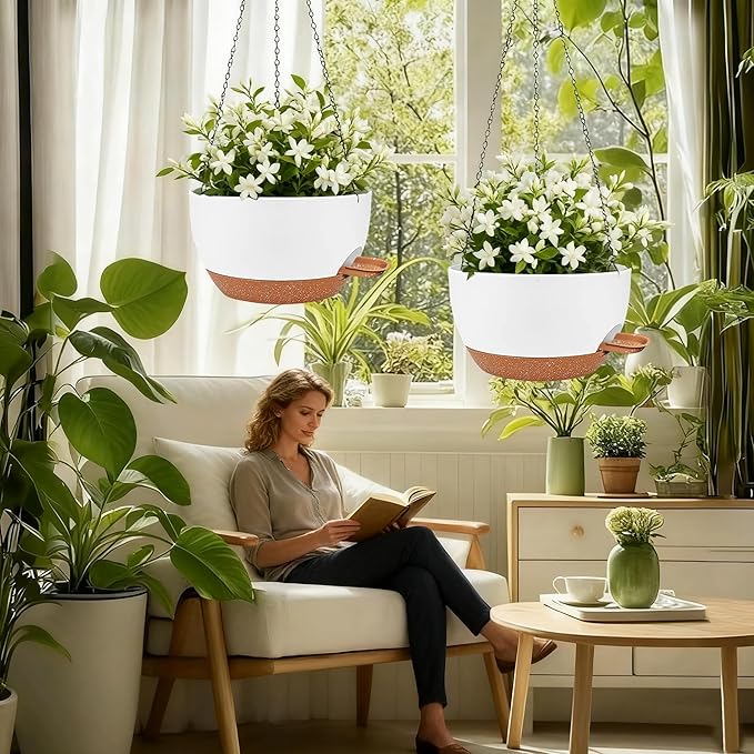 CNLBO 12 Inch Self Watering Hanging Planter for Indoor Outdoor Plants, 2 Pack Hanging Flower Pots with Drainage Holes and Saucers, Plastic Hanging Baskets for Kitchen, Balcony, Garden Decoration