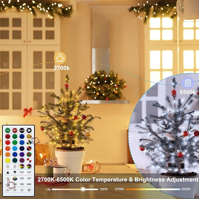 echosari Fairy Lights Battery Operated, 33Ft 100 LED 150 Scene Modes Silver Wire Twinkle Lights with Remote Timer for Bedroom Trees Garden Decor (RGB + 2700K Warm White)