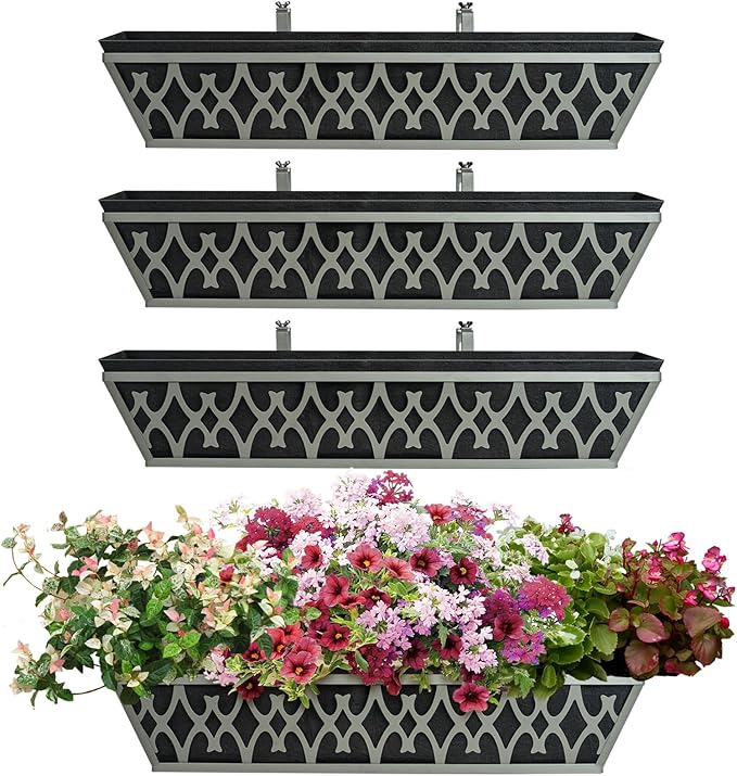 4 Pack 24 Inch Window Boxes Planters Railing Planter Box with Adjustable Brackets & Non-Woven Fabric Plant Grow Bags Deck Railing Planter Boxes Balcony Hanging Flower Box for Outdoor Plants