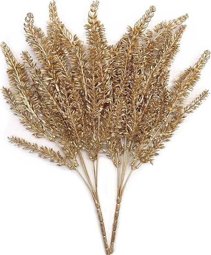 PASYOU Christmas Artificial Plants Decoration, Plastic Grass Faux Shrubs Simulation Wheat Ears Leaves Indoor Outdoor Home Garden Planter Filler Party Hotel Verandah Wedding DIY Decor - Gold 2 Pack