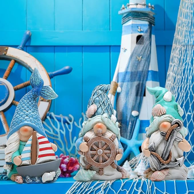 Hodao 3PCS Summer Gnomes Decor Sea Star Shell Elf Handmade Beach Swedish Gnome Decorations for Home Summer Gnomes Figurines Decor