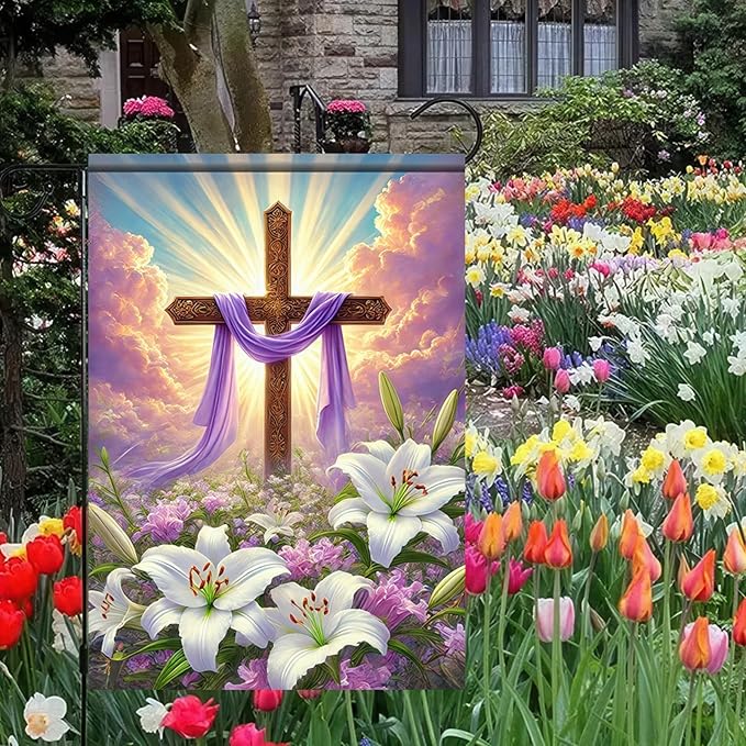 Happy Easter Garden Flag 12x18 Inch Double Sided Outside Easter He Is Risen Yard Flag Seasonal Easter Cross Yard Outdoor Decoration Religion Easter Spring Outdoor Outside Decoration