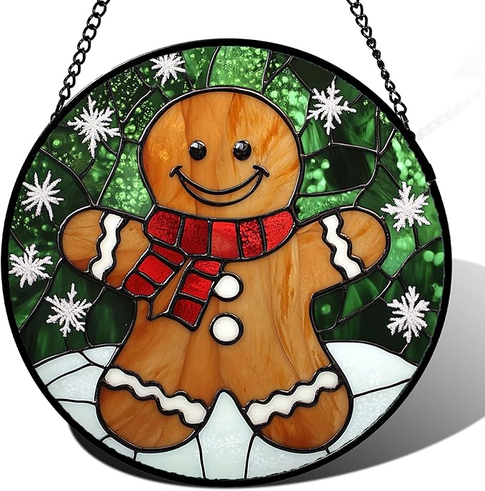 Stained Glass Window Hanging Cute Christmas Gingerbread Man Snowflake Large 11.8" - Suncatcher Door Garden Sun Catcher Home Decor Birthday for Mom Men Woman Nana Friend