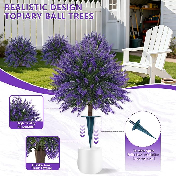 Grooy Artificial Lavender Topiary Ball, Set of 2 Artificial Boxwood Shrub Bushes with Ground Spike, Fake Evergreen Tree for Porch, Artificial Plants for Outdoor Planters Indoor UV Resistant