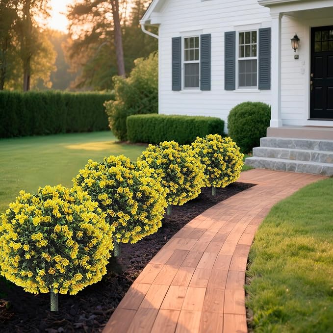 R’s Ceder Artificial Boxwood Topiary Ball Trees with Yellow Rose, 2 Set of 19'' UV Resistant Fake Evergreen Shrubs Bushes Plants with Ground Spike Fake Plants for Outdoor Indoor Front Porch Garden